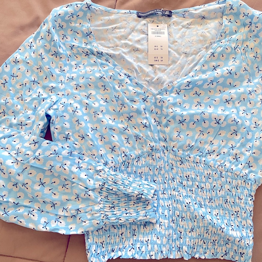 Blue floral smocked top Abercrombie & Fitch